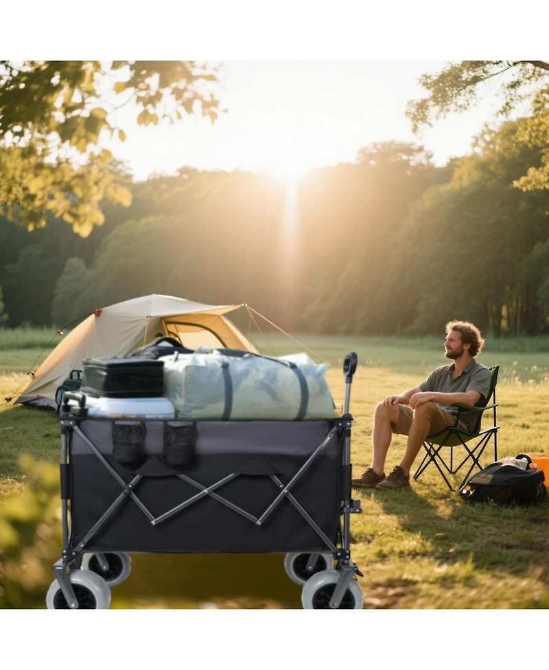 Mondawe 300L Xl Folding Storage Wagon Utility Cart with All Terrain Wheels, Brakes and Cup Holders
