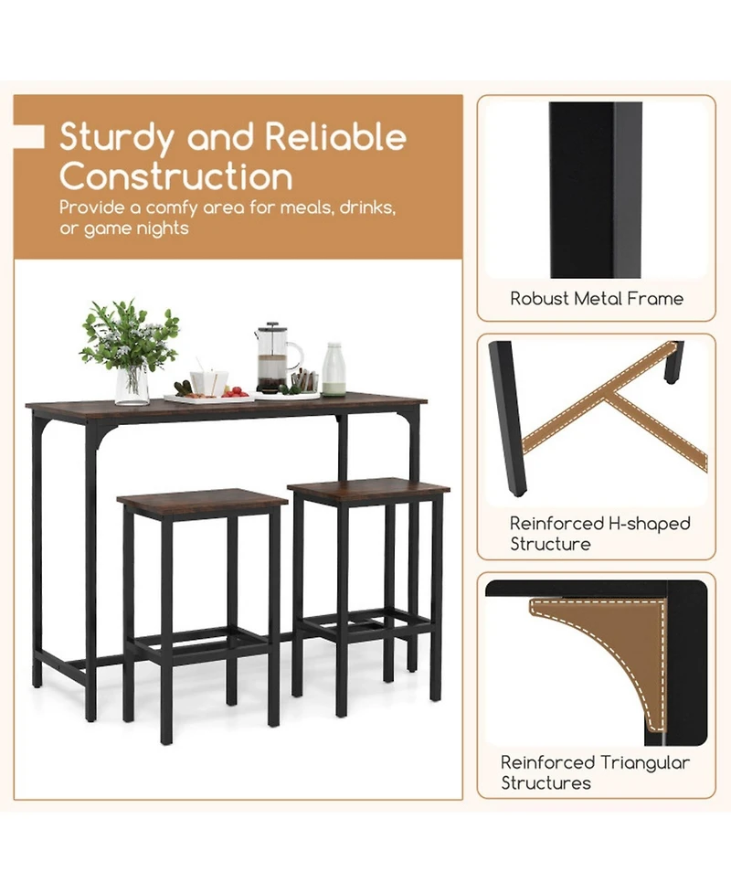 Gouun Industrial 3-Piece Counter-Height Bar Table Set with 2 Stools