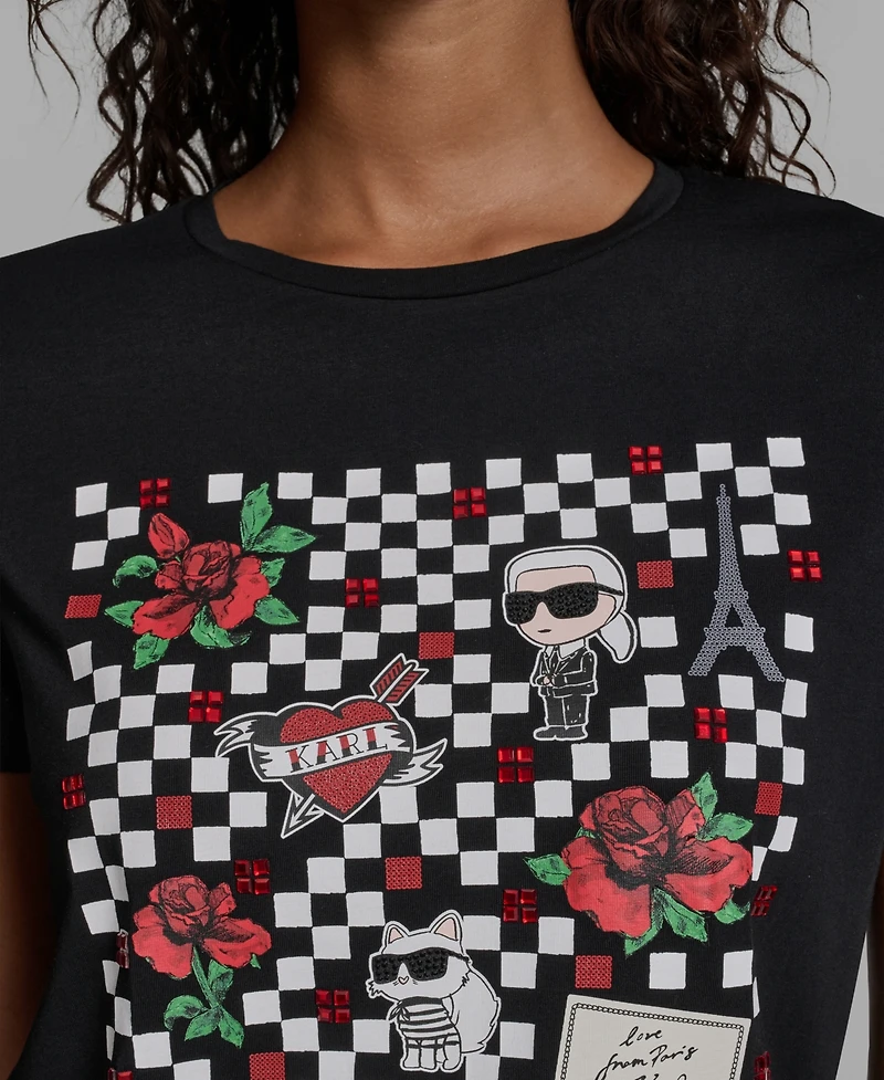 Karl Lagerfeld Paris Women's Checkboard Logo Crewneck Motif Top