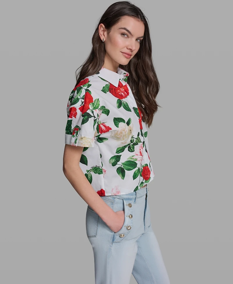 Karl Lagerfeld Paris Women's Printed Short-Sleeve Camp Shirt