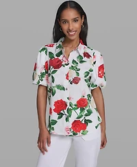 Karl Lagerfeld Paris Women's Printed Puff-Sleeve Collared Top