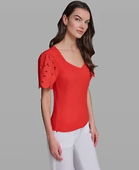 Karl Lagerfeld Paris Women's Eyelet Mix Media V-Neck Top