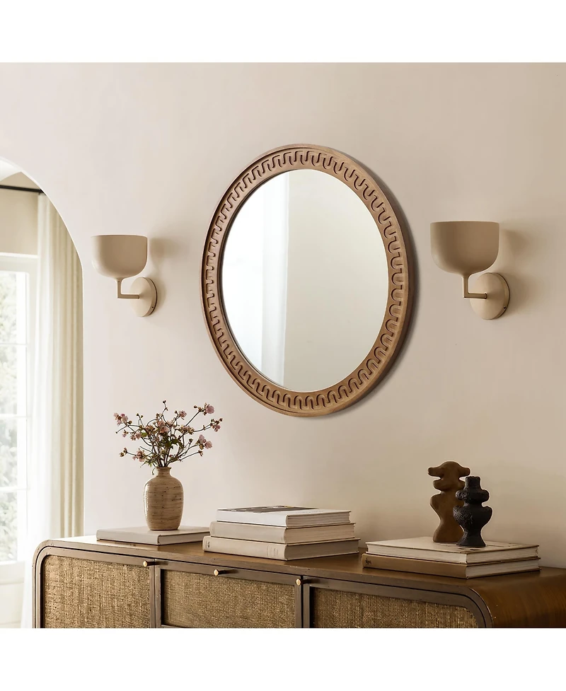 LuxenHome 25.8'' Round Wall Mirror, Carved Rubberwood Frame, Living Room Wall Accent