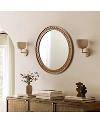 LuxenHome 25.8'' Round Wall Mirror, Carved Rubberwood Frame, Living Room Wall Accent