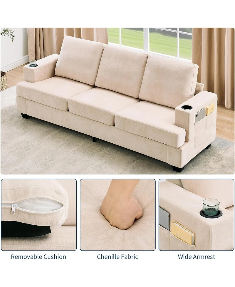 gaomon 89 Comfy Couches with Deep Seat, Modern 3-Seater Sofa Cup Holders and Side Storage Pockets for Living Room Apartment Lounge