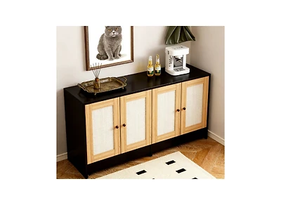 Zeus & Ruta Double-Cat Litter Enclosure Hidden Furniture with Rattan Doors, 47"L x 19.8"W x 21.8"H