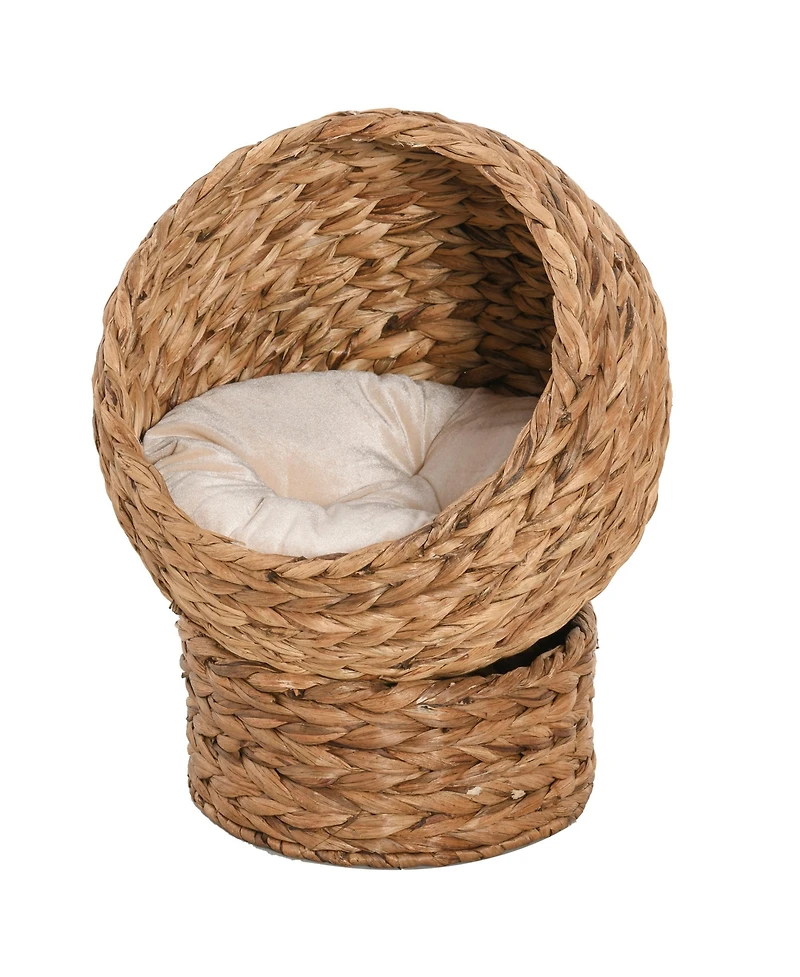 Zeus & Ruta Handwoven Cat Retreat: Elevated Bed with Soft Cushion and Egg-Shaped Design, Wicker Frame with Stand