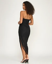 Katia Rae Juniors' Strapless Ruched Asymmetric Hem Midi Dress