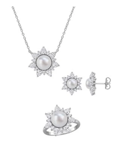 Macys Cultured Freshwater Pearl Created White Sapphire Earrings Ring Pendant In Sterling Silver Collection