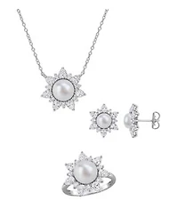 Macys Cultured Freshwater Pearl Created White Sapphire Earrings Ring Pendant In Sterling Silver Collection