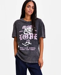 Rebellious One Juniors' Cotton Rose Love Mineral Wash Boyfriend Tee