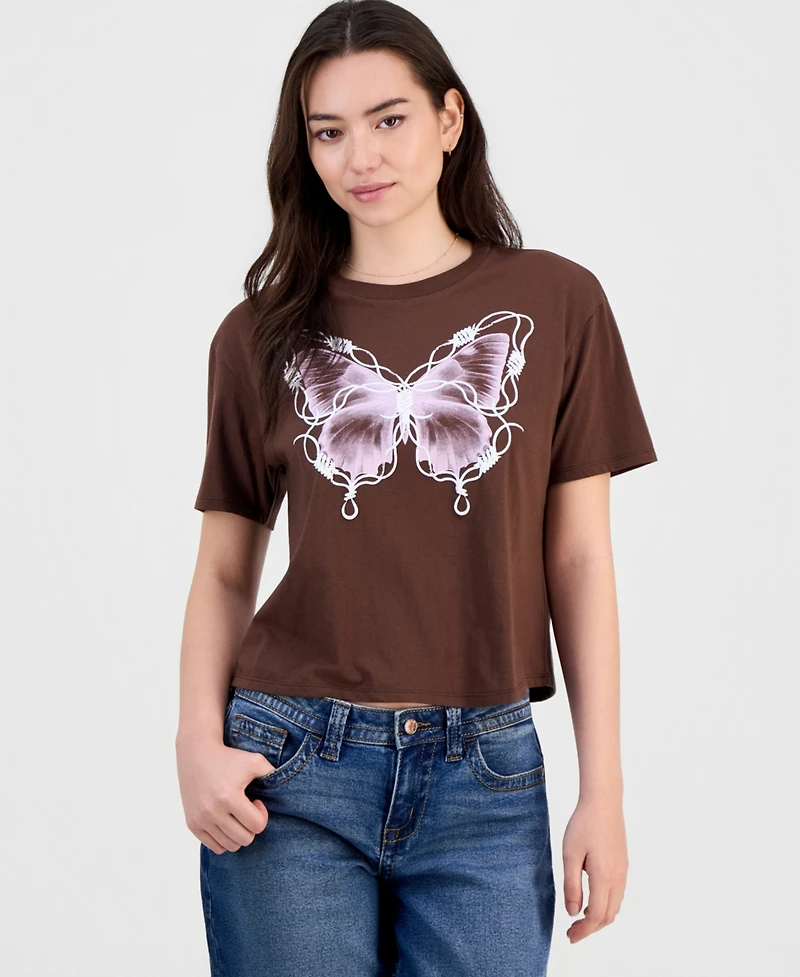 Rebellious One Juniors' Barbed Wire Butterfly Graphic T-Shirt
