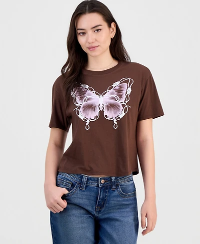 Rebellious One Juniors' Barbed Wire Butterfly Graphic T-Shirt