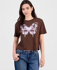 Rebellious One Juniors' Barbed Wire Butterfly Graphic T-Shirt