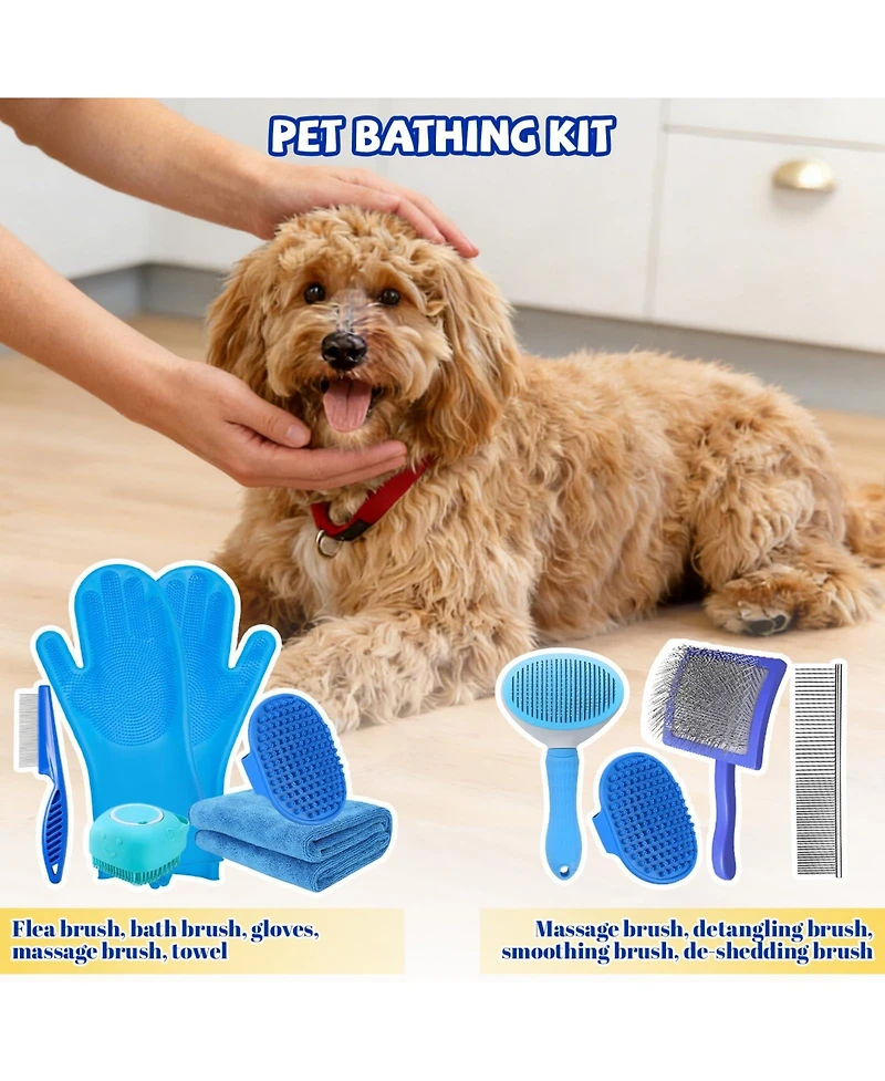 Aronkl 8pcs Pet Grooming Bath Kit with Slicker Brush Deshedding Rake Towel Gloves Combs Scrubber for Dogs Cats Rabbits