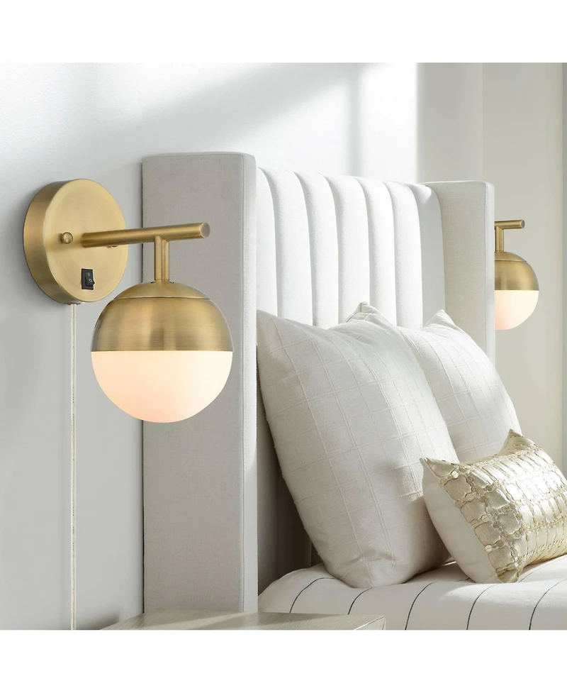 360 Lighting Luna Modern Wall Lamps Set of 2 Brass Metal Plug-in Light Fixture Frosted Glass Shade for Bedroom Reading Living Room Hallway Home
