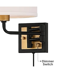 360 Lighting Joelle Modern Swing Arm Wall Lamps Set of 2 Brass Black Plug-in Light Fixture Fabric Drum Shade for Bedroom Bedside Living Room Reading