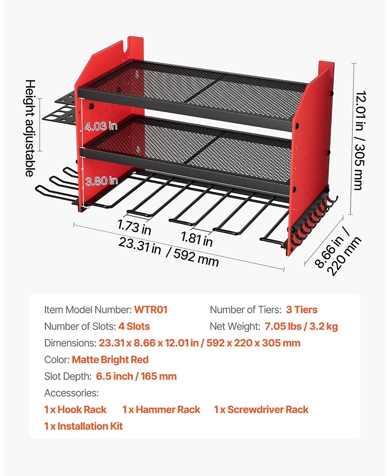 Mecale Wall-Mount Power Tool Organizer, 3-Tier Storage Rack with 4 Drill Holders, Side Pegboards, Garage Tool Storage Rack