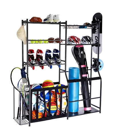 Mecale Golf Storage Organizer with 2 Golf Bag Holders, Baskets and Hooks, Steel Sports Equipment Storage Rack for Garage