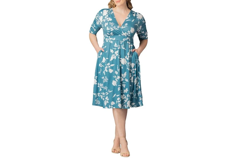 Kiyonna Plus Gabriella Ruched Sleeve Midi Dress with Pockets