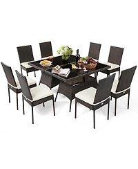 Gymax 10 Pcs Rattan Dining Set w/ Glass Table and High Back Chair Patio Mix Brown