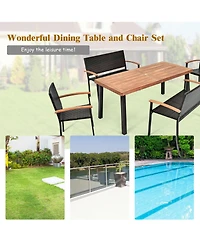 Gymax 5PCS Patio Rattan Dining Set Acacia Wood Tabletop Stackable Chair Bench