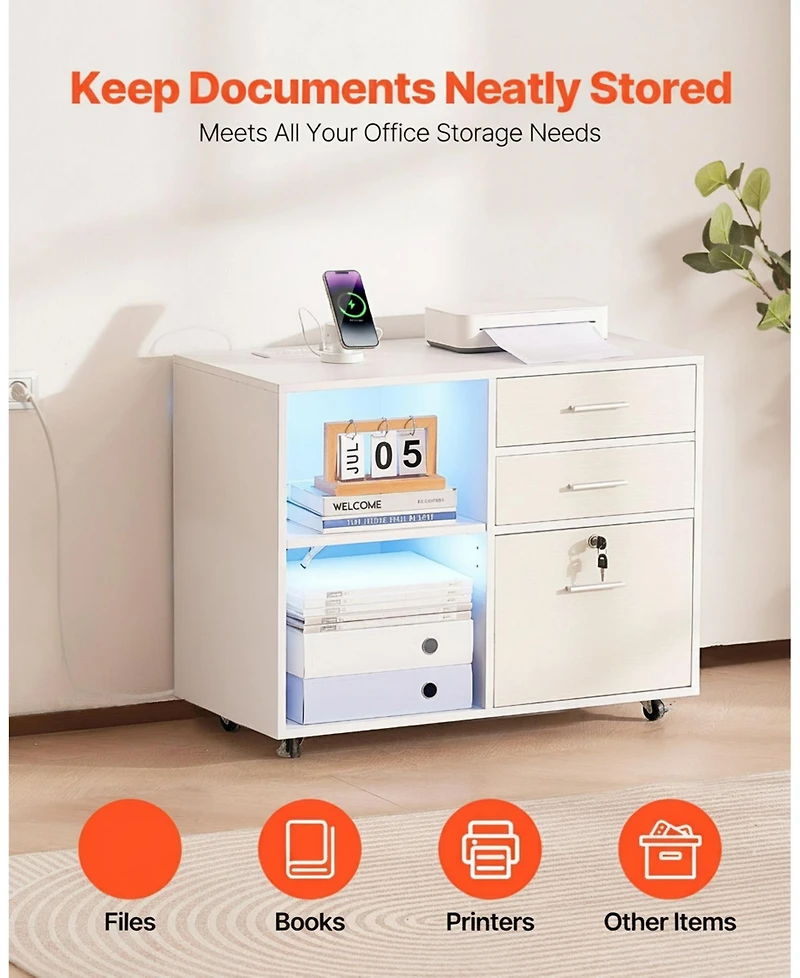 Gouun 3 Drawer Wooden File Cabinet, Mobile Filing Cabinet with Light Strip, Lockable Rolling File Storage with Adjustable Shelves and 5 Wheels, Free