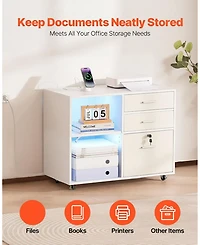 Gouun 3 Drawer Wooden File Cabinet, Mobile Filing Cabinet with Light Strip, Lockable Rolling File Storage with Adjustable Shelves and 5 Wheels, Free