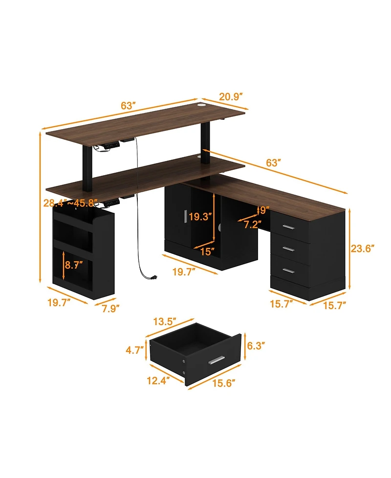 Homsee 63 In. Electric Standing Desk with Drawers and Shelves,Adjustable Height Desk, L-Shaped Design