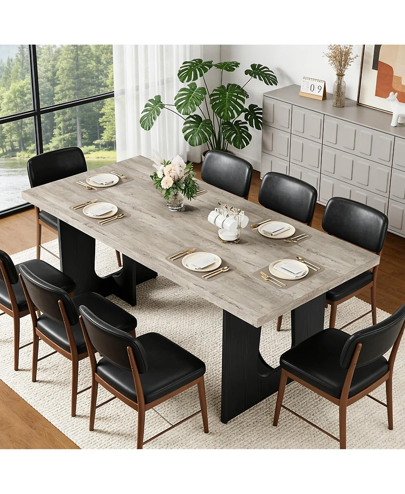 homfan Modern Rectangular Dining Table for 6-8, 71" Wooden Tabletop, Metal Pedestal Legs, Rustic Farmhouse Style, Home, Apartment, Conference Room