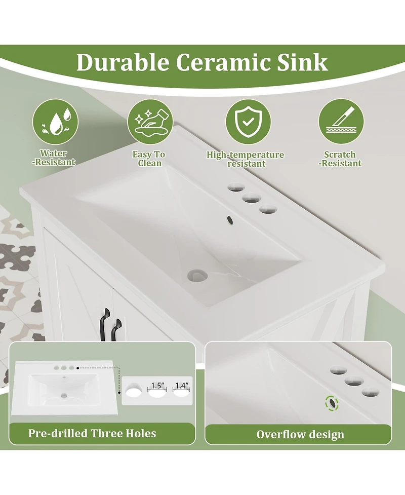 homfan Vanity with Ceramic Sink, Modern Bathroom 2 Doors and 1 Storage Drawer, Freestanding Cabinet Design