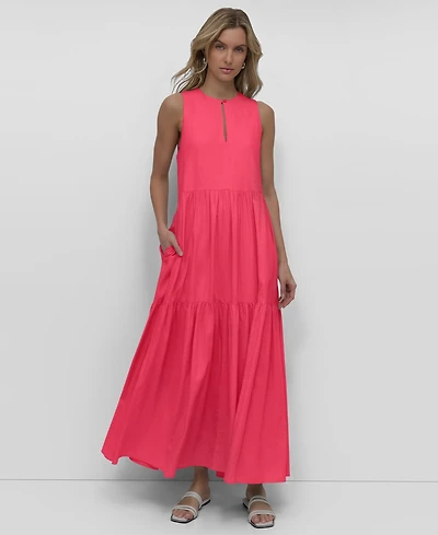 Dkny Jeans Women's Sleeveless Keyhole Crewneck Tiered Maxi Dress