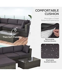 Outsunny 5 Piece Patio Wicker Furniture Set, Outdoor Sectional Sofa Set Rattan Conversation Sets with Tempered Glass Tabletop Coffee Table and Ottoman