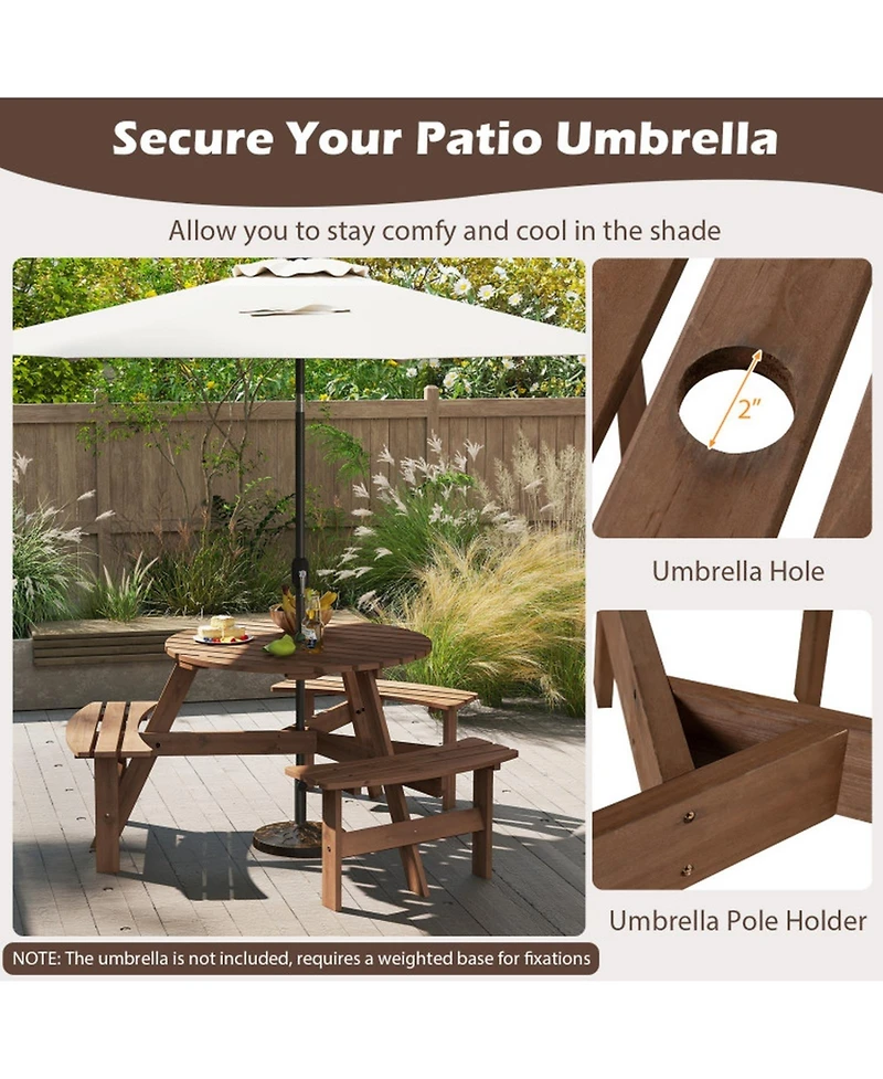 Gouun 6-Person Round Picnic Table Set with 3 Built-in Benches and Umbrella Hole