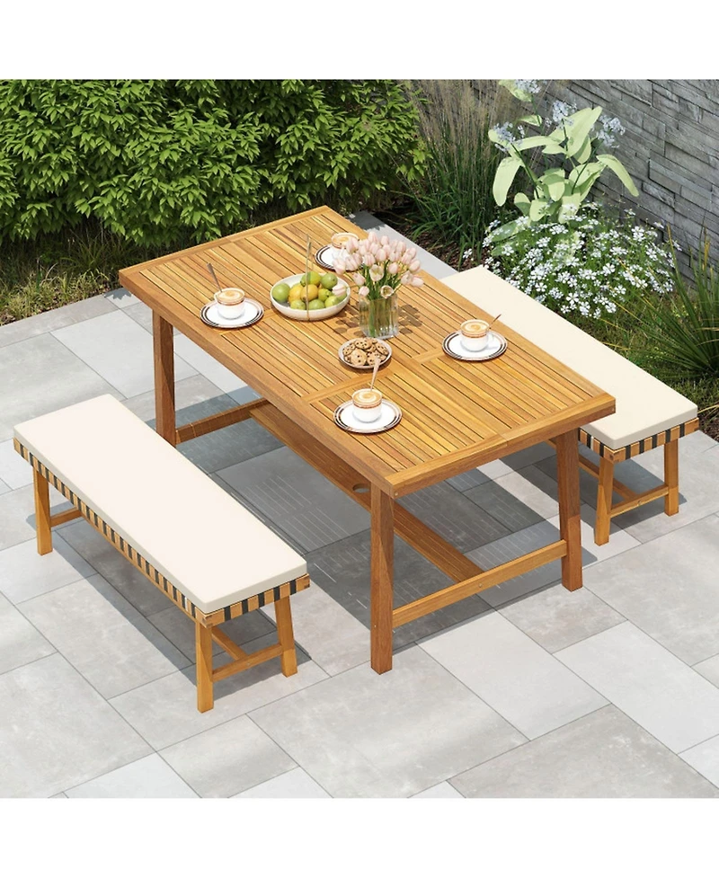 Gouun 3-Piece Farmhouse Patio Dining Set with 63 in Acacia Wood Table, 2 Cushioned Benches