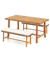 Gouun 3-Piece Farmhouse Patio Dining Set with 63 in Acacia Wood Table, 2 Cushioned Benches