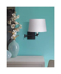 Franklin Iron Works Modern Swing Arm Wall Lamp Espresso Plug-In Light Fixture Linen Drum Shade for Bedroom Bedside Reading