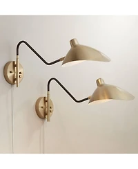 360 Lighting Colborne Mid Century Modern Swing Arm Wall Lamps Set of 2 Brass Plug-in Light Fixture Up Down Metal Shade for Bedroom Living Room