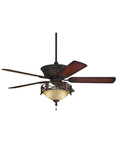 Casa Vieja 52" Contessa Industrial Rustic Indoor Ceiling Fan Led Light Bronze Copper Cherry Scavo Glass Living Kitchen Room Home