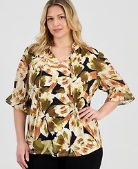 Anne Klein Plus Elbow-Sleeve Tie-Neck Peasant Top