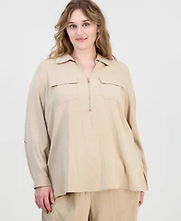 Anne Klein Plus Collared Half-Zip Long-Sleeve Top