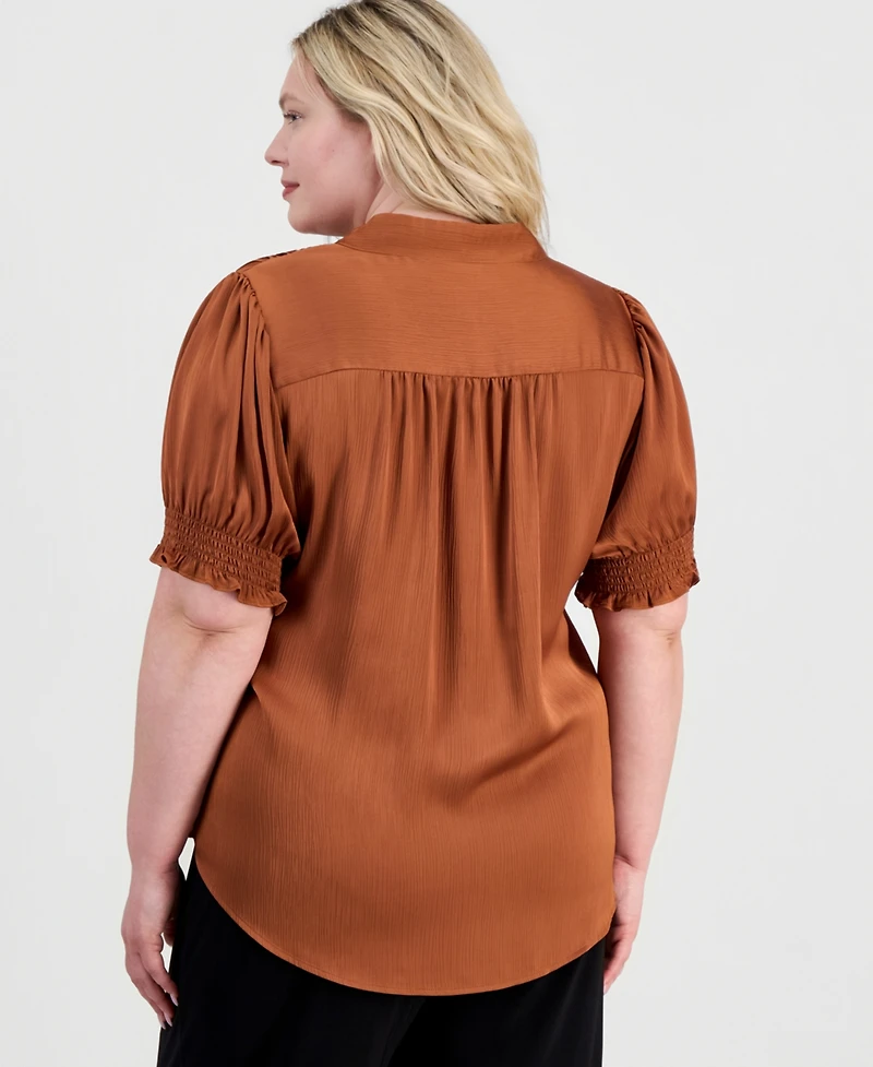 Anne Klein Plus Y-Neck Short Puff Sleeve Blouse