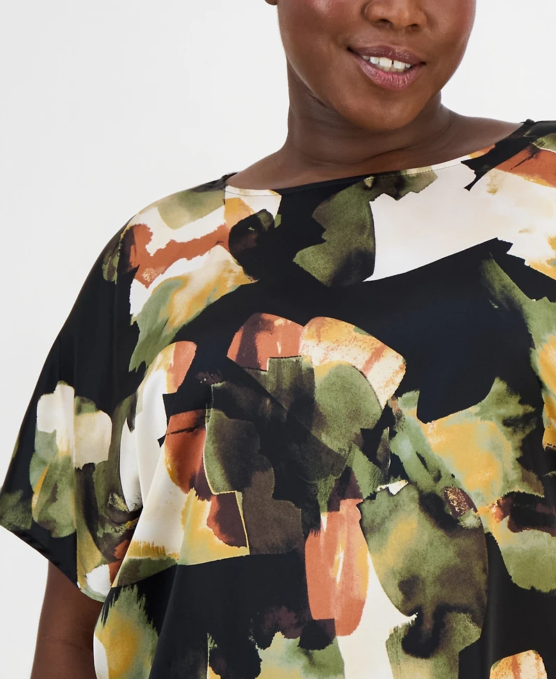 Anne Klein Plus Printed Boat-Neck Short-Sleeve Top