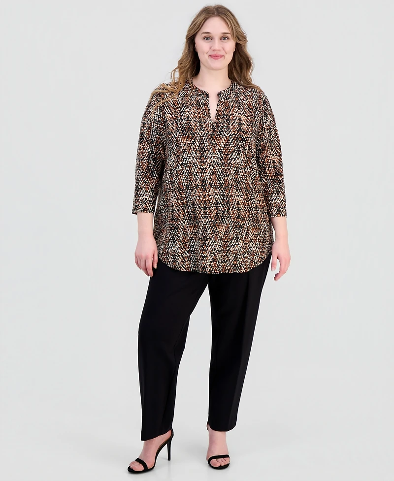 Anne Klein Essentials Plus Printed Split-Neck 3/4-Sleeve Top