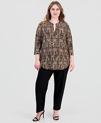 Anne Klein Essentials Plus Printed Split-Neck 3/4-Sleeve Top