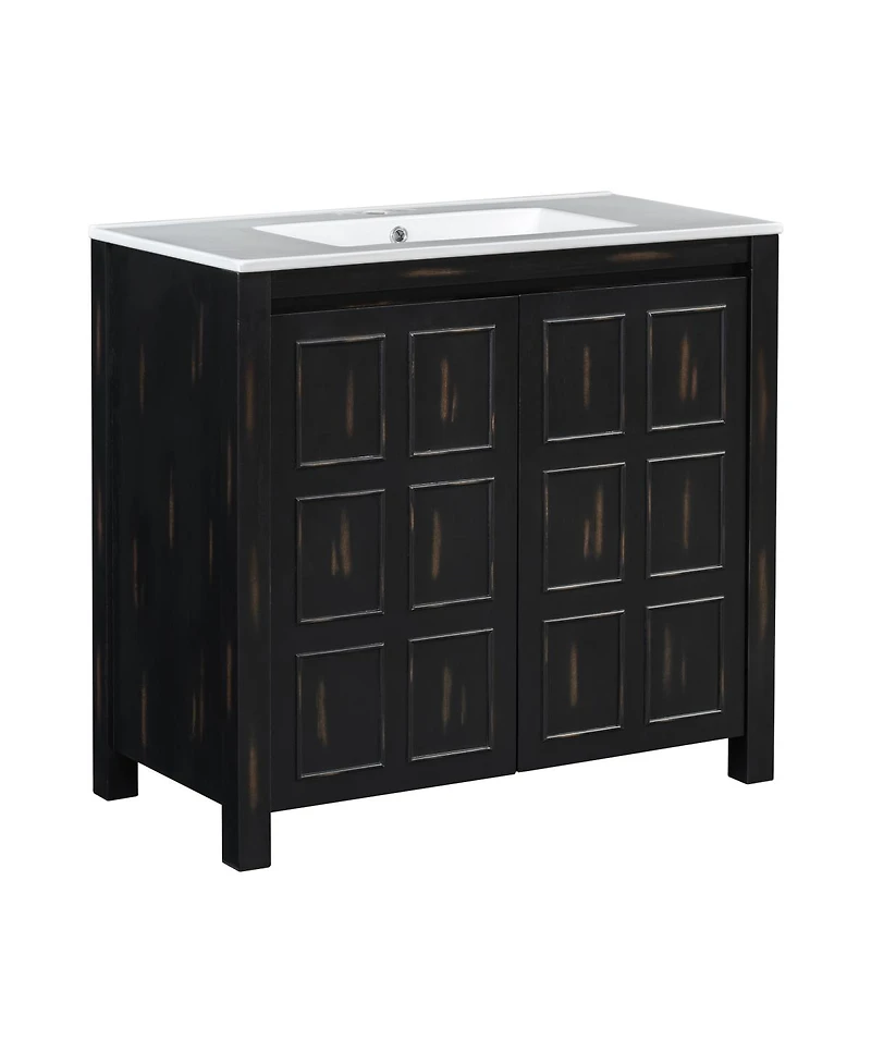 Sillysis 72 Inch Double Sink Bathroom Vanity, Solid Wood Frame, Espresso Distressed Finish, Soft Close Doors and Ceramic Top Storage Cabinet
