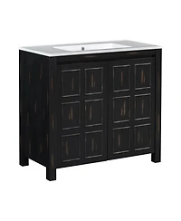 Sillysis 72 Inch Double Sink Bathroom Vanity, Solid Wood Frame, Espresso Distressed Finish, Soft Close Doors and Ceramic Top Storage Cabinet