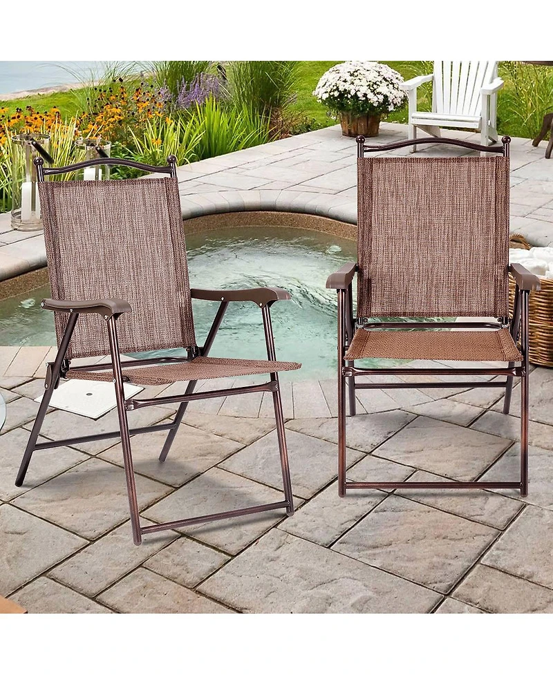 Gymax Set of 2 Folding Patio Furniture Sling Back Chairs Outdoors brown