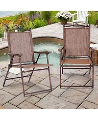 Gymax Set of 2 Folding Patio Furniture Sling Back Chairs Outdoors brown
