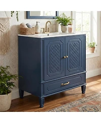 Sillysis 30 Inch Bathroom Vanity with Sink, Acacia Wood Freestanding Cabinet, Soft Closing Door, Ceramic Top, Drawer Storage